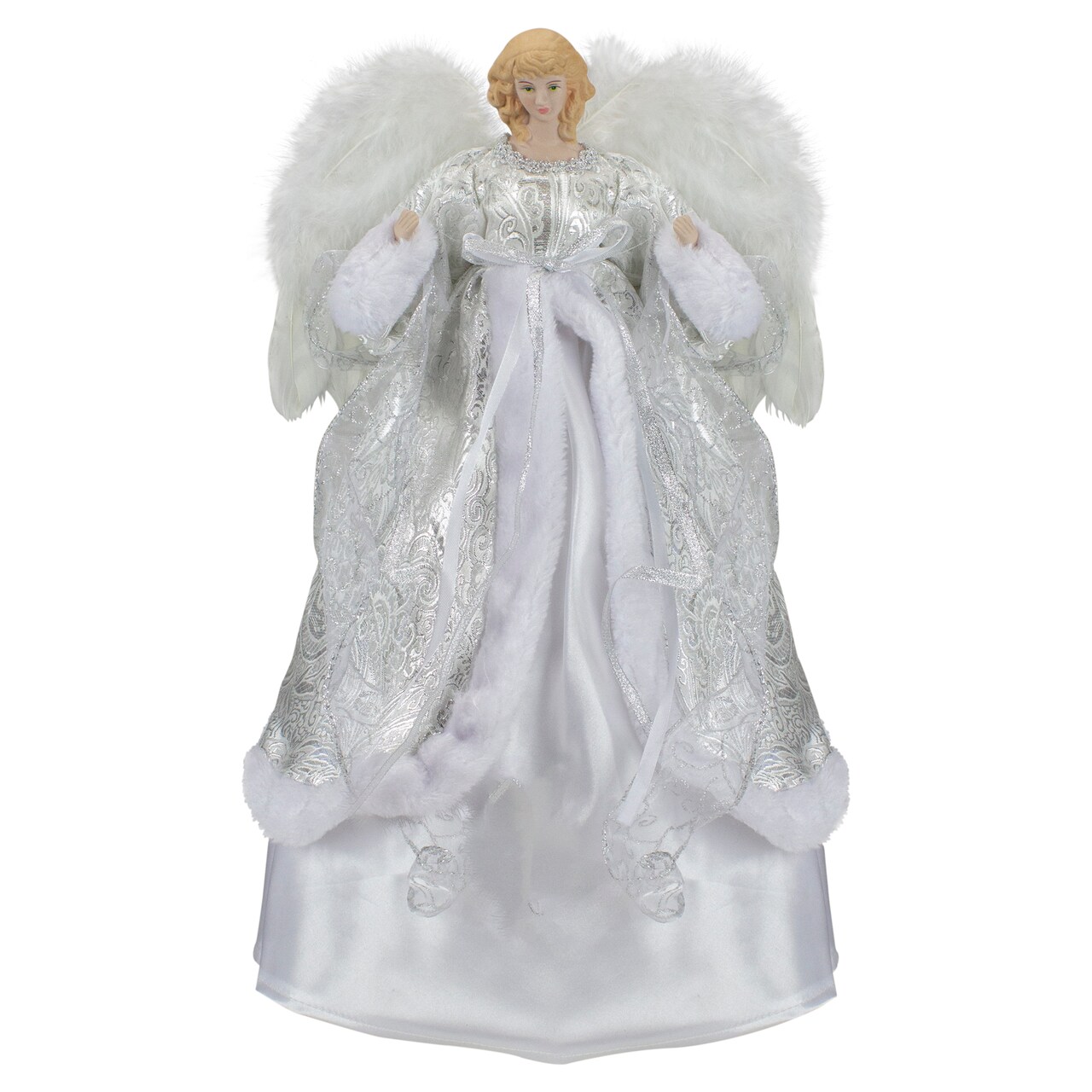 Northlight 18" Blonde Angel in White and Sliver Dress with Faux Fur Trim Christmas Tree Topper